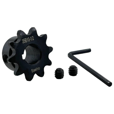 35B Roller Chain Sprocket Type B For ANSI 35 Chain With Half Inch Bore And Ten Teeth Three Eighths Inch Pitch Hardened 1045 Carbon Steel Rust Resistant Drive Sprocket Built To Handle Heavy Duty Industrial Applications Saelno with wrench and screws