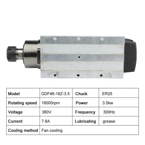Air Cooled Spindle Motor 3.5kW ER25 With 4 Bearings, 380V Dual Voltage, Square Flange, Dustproof Steel Body