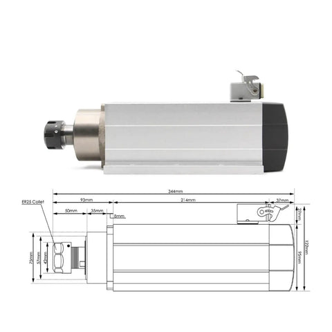 3.5kW ER25 Air Cooled CNC Spindle Motor With 4 Ceramic Ball Bearings, 220V 380V Square Spindle With Flange, side view, technical details shown