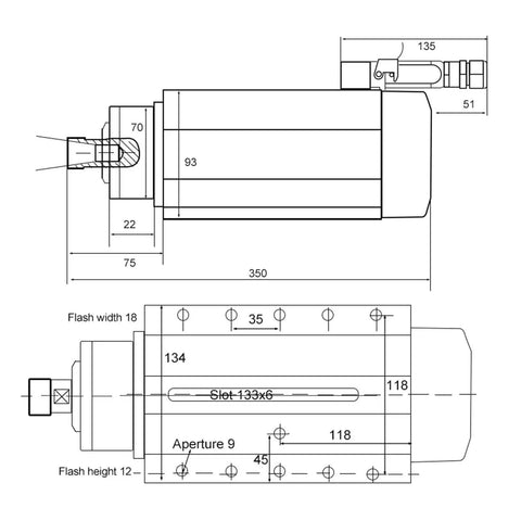 Technical drawing of Air Cooled Spindle Motor 3.5KW ER20 Square Spindle With Mounting Flange 220V, showing dimensions and specifications.