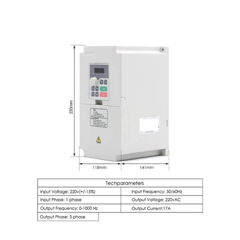 Side view of 4.0kW VFD for CNC machines showing dimensions and tech parameters for Beefy Air Cooled Spindle With Four Bearings Square Motor.
