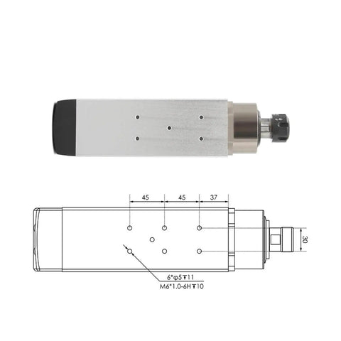 Beefy Air Cooled Spindle With Four Bearings Square Motor Ceramic Ball Bearings 3.5kW ER25 With 4.0kW VFD side view with diagram