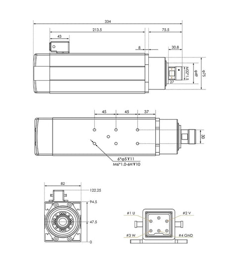 Technical diagram of 3.5kW ER25 CNC spindle kit with measurements for pro-grade CNC mills and routers, featuring ceramic bearings and 4kW VFD.
