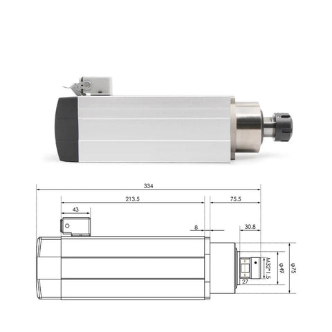 Side view of 3.5kW ER25 CNC Spindle Kit With Four Ceramic Ball Bearings And 4kW 380V VFD Inverter Water Cooled diagram.
