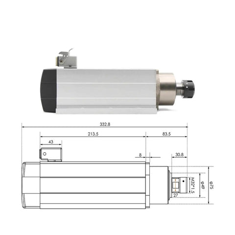 Technical diagram of CNC Air Cooled Spindle Motor 3.5KW 220V 380V ER25 With Ceramic Ball Bearings, showing dimensions and design