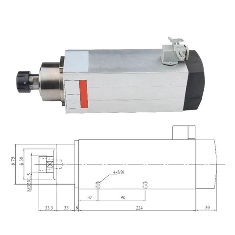 3.5kW ER20 Square CNC Spindle Motor, Air Cooled, 18000 RPM, 4 Bearing High Speed Spindle, Dual Voltage 220V 380V, technical diagram