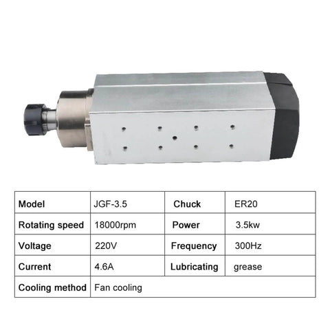 3.5kW ER20 Square CNC Spindle Motor, Air Cooled, 18000 RPM, dual voltage 220V 380V, shown with specifications in side view