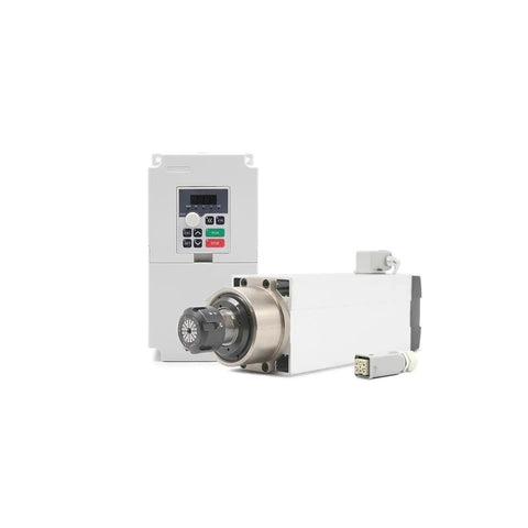 Beefed Up 3.5kW ER25 Air Cooled CNC Spindle Motor For Dual Voltage 220V And 380V, includes 4kW FuLing VFD Drive, shown side by side.