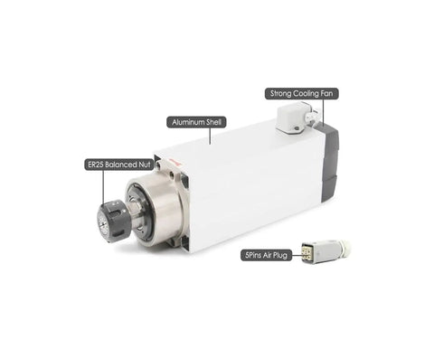 Beefed Up 3.5kW ER25 Air Cooled CNC Spindle Motor with dual voltage, ceramic ball bearings, labeled parts, and FuLing VFD Drive.