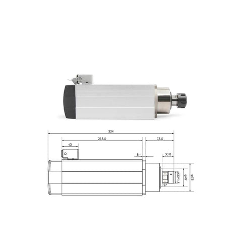 Side view of Beefed Up 3.5kW ER25 Air Cooled CNC Spindle Motor For Dual Voltage 220V And 380V with technical diagram and dimensions.