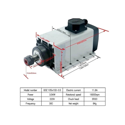 3.5kW Air Cooled ER20 Spindle Motor For CNC Machines With 4 Bearings 220V 0.01mm Precision chart and dimensions shown