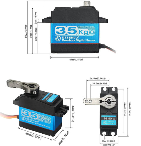 35kg high Torque Coreless Motor servo Metal Gear Digital and Stainless Steel Gear servo arduino servo for Robotic DIY, RC car (Control Angle 270°), dimensions and close-up view