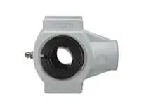 Front view of 35mm Narrow-Slot Wide Take-Up Unit with Sealed Ball Bearing in white polymer housing for linear slide units.