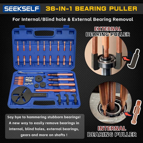 36-in-1 Bearing Puller Set, Inner Bearing Puller Separator Kit, blue case with components and diagrams for blind hole and external bearing removal