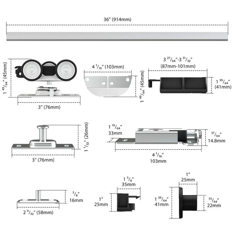 36 Inch Bifold Door Hardware Kit For Two Doors In Aluminum Top Mounted Sliding Barn Door System components diagram