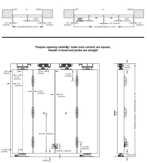 Technical diagram of 36 Inch Bifold Door Hardware Kit For Two Doors In Aluminum Top Mounted Sliding Barn Door System.