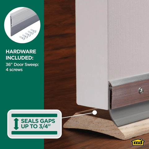 M-D door sweep, 36-inch, silver aluminum and vinyl, screws included, installed on bottom of white door