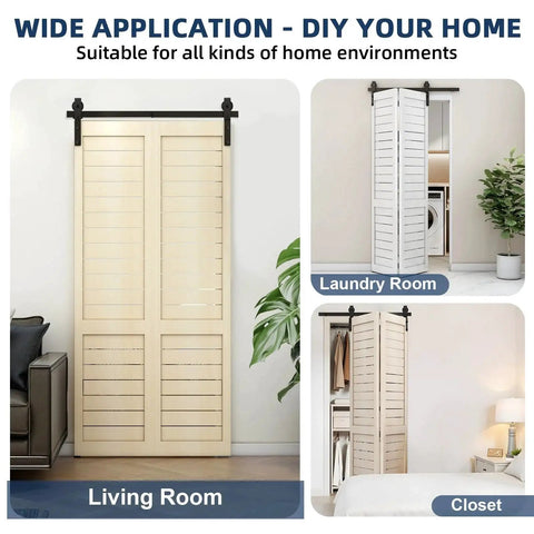 36 Inch Bifold Sliding Barn Door Hardware Track Kit display in living room, laundry room, and closet