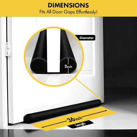 36 Inch Door Draft Stopper Insulation For Bottom Of Door, A No Brainer Way To Cut Heating Bills, Blocks Cold Drafts, Adjustable Gap Filler With 2 Inch Thick Foam, Door Sweep For Heat, Sound And Light Proofing, Heavy Duty Black shown in use under door