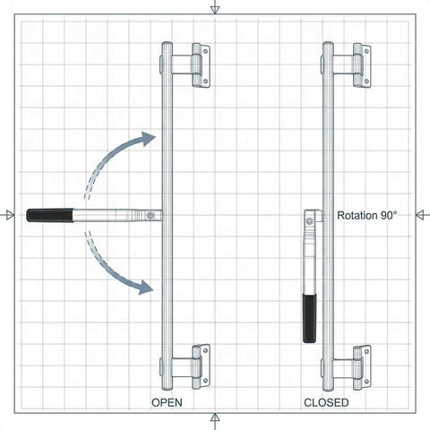 Diagram showing Durable 36 Inch Zinc Plated Cam Bar Latch for Trailers in open and closed positions, with rubber grip handle.