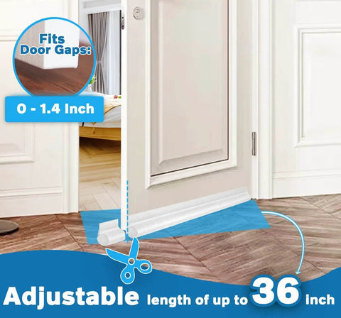 36 Inch Under Door Draft Stopper Insulator For White Doors No Fuss Gap Seal Keeps Cold Air Out Dust Smoke Wind Noise Out And Slashes Energy Bills Down Door Seal Strips And Sweeps For Easy Fit, visible under a white door.