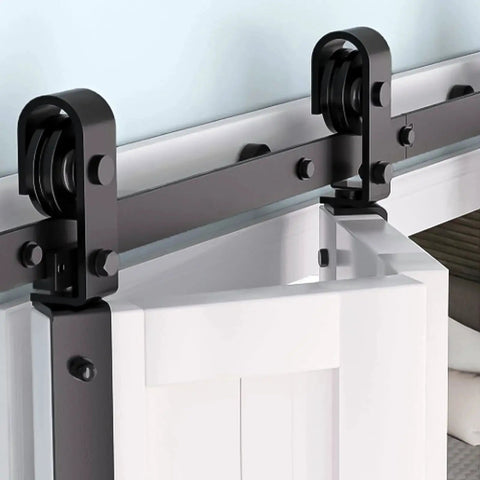 Close-up of 36 Inch Bifold Sliding Barn Door Hardware Track Kit showing heavy duty steel rails and sliding mechanism