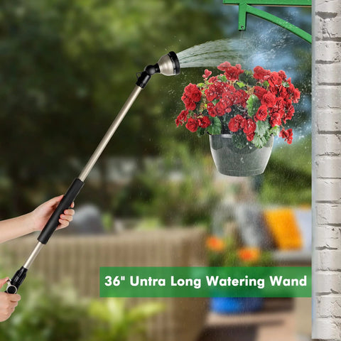 RESTMO 36” metal watering wand with 180° swivel head, 10 spray patterns and thumb flow control.