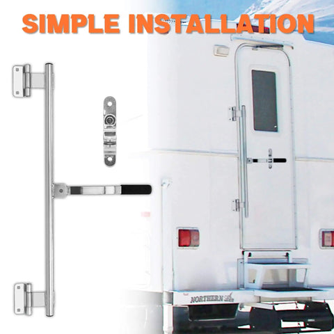 Durable 36 inch trailer door latch with forged steel construction installed on RV trailer door.