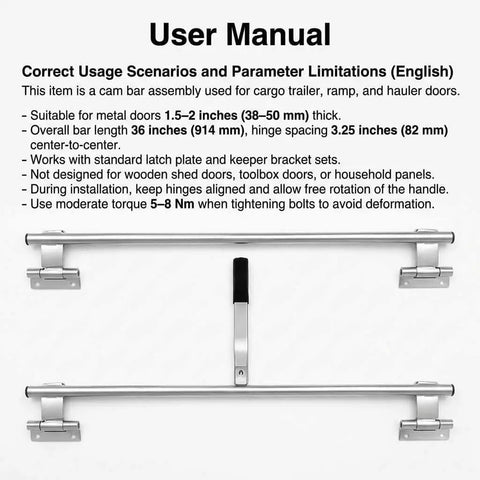 Two Durable 36 Inch Zinc Plated Cam Bar Latches laid flat with a manual for trailers and RV hauler doors, featuring a rubber grip handle.