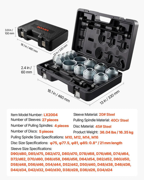 36 Piece Pull And Press Sleeve Kit with Carrying Case for Removing and Installing Bushings, Bearings, and Seals, shown open with components.
