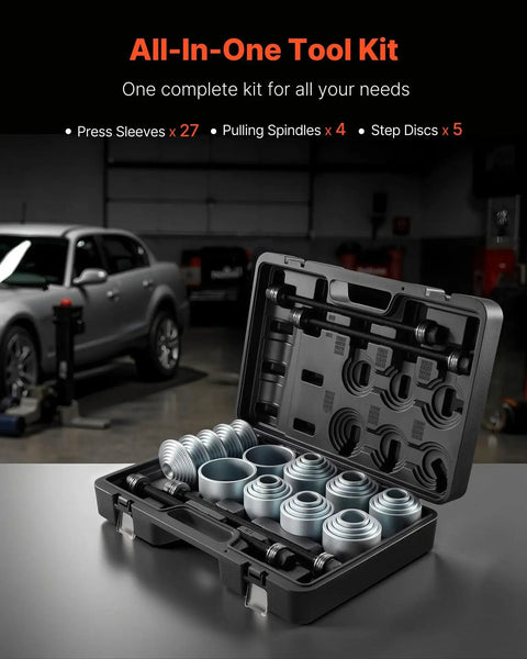 Open carry case with 36 Piece Pull And Press Sleeve Kit for Removing and Installing Bushings Bearings in workshop