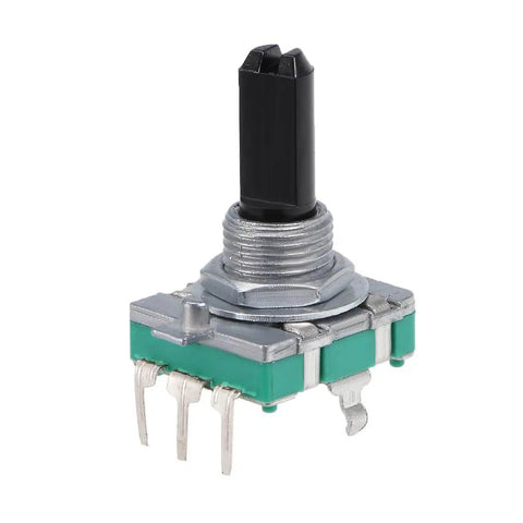 360 Degree Rotary Encoder Switch with Digital Potentiometer, 5 Pins, D Shaft, shown at an angle, 11mm height, ideal for DIY electronics