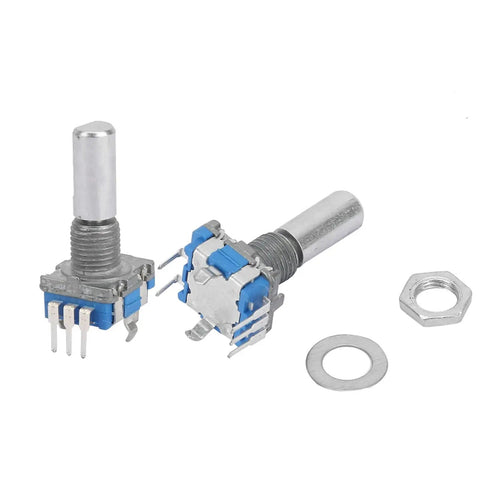 Two rotary encoders with 360-degree spin, push button, 5 pins, shown with washer and nut for DIY electronics and controllers.