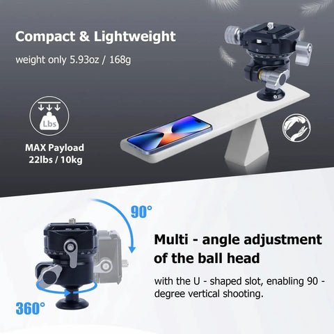 360 Degree Ball Head Tripod Mount With Dual Panoramic Rotation For DSLR Mirrorless And Sports Cameras CNC Aluminum Alloy Construction 10Kg Load Capacity Independent Locking Knobs Quick Release Plate Model 61038 showing compact design and adjustments