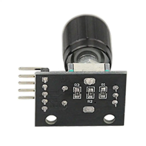 Front view of a KY040 rotary encoder module with knob cap, part of an 8 Pcs KY040 360 Degree Rotary Encoder Modules With Knob Caps For Arduino Microcontroller Use, Continuous Rotation Without Limits, Detent And Push Button, Reset To Zero, Prototyping And Control Interfaces, A Must Have Gear For DIY Arduino.