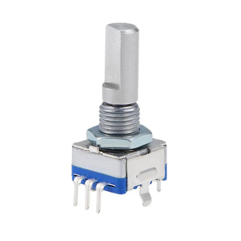 Close-up of Pack Of Ten EC11 360 Degree Rotary Encoder with Code Switch, Digital Potentiometer, 6mm shaft, five signal pins, DIY electronics.