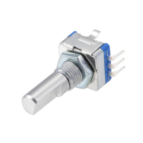 Pack Of Ten EC11 360 Degree Rotary Encoder With Code Switch And Digital Potentiometer, shown with shaft and pins landscape view