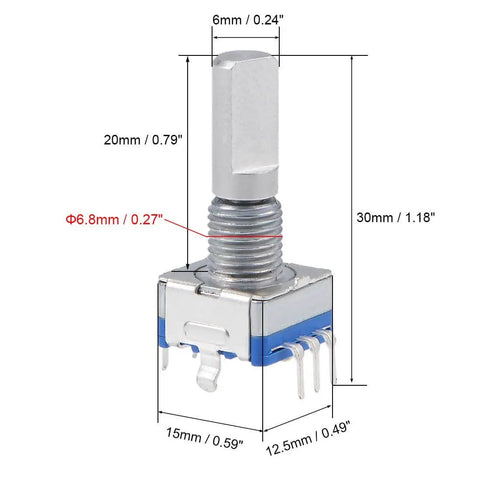 Pack Of Ten EC11 360 Degree Rotary Encoder With Code Switch And Digital Potentiometer, five signal pins, 20mm D shaft close-up