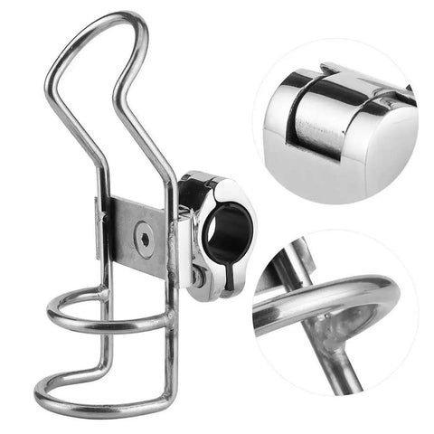 Front view of stainless steel boat rod rack with 360-degree rail-mount clamp and locking mechanism.