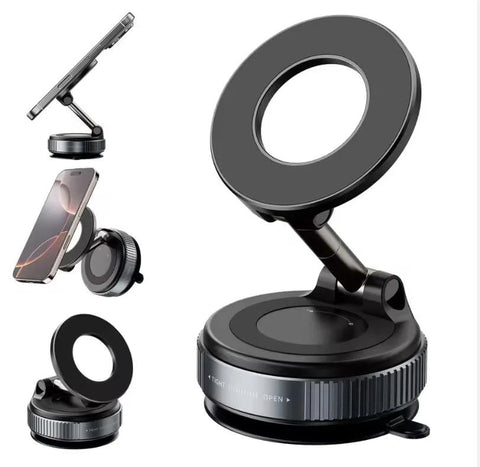 360° vacuum suction car phone mount with magnetic ring, adjustable arm, black universal holder for iPhone/Android