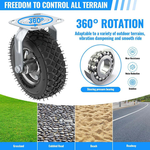 8 inch pneumatic caster wheels set of 4 with heavy duty rubber knobby tread, showing 360° rotation and adaptability for various terrains.