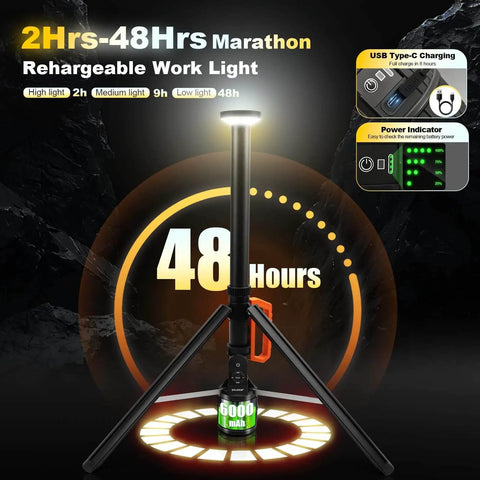 All Purpose 360 Degree Rechargeable Work Light With Remote Telescopic Stand Extends From 2.3 Feet To 8.4 Feet Ultra Bright 3000 Lumens Adjustable 3 CCT Dimming 6000mAh Battery Portable Camping And Jobsite Lighting For Workshop Sports And Emergencies displayed with USB-C charging and power indicator features shown.