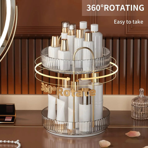 360 Degree Rotating Makeup Organizer and Storage for Vanity and Countertop, two-tier clear white Lazy Susan holding cosmetics.