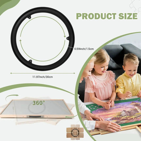 360 Degree Rotating Puzzle Turntable For 1000 To 2500 Piece Jigsaw Puzzles with measurements and children using it