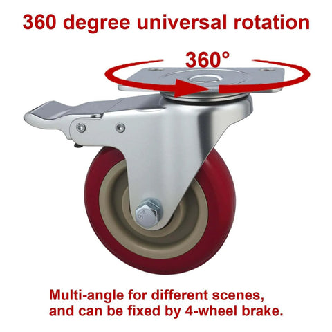 Close-up of 6 piece 4 inch heavy duty locking swivel casters with brakes, set designed for carts and workbenches with 3300 lb load capacity, showcasing 360° rotation.