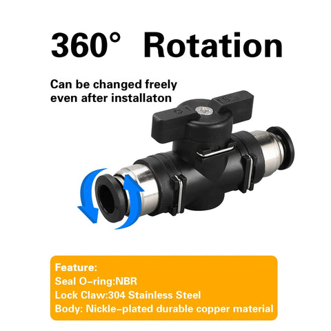 CEKER 1/4 in push-connect pneumatic ball valve with straight unions, black body, metal end fittings, 3-pack