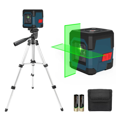 360 Degree Cross Line Laser With Self Leveling Delivers Bright Horizontal And Vertical Lines For Precise Tile Setting Cabinet Installation And Framing With 110 Degree Projection For Quick Easy Alignment And Reliable Battery Powered Operation shown with tripod, batteries, and pouch.