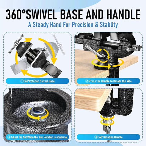 360-degree swivel base and handle features of 3 Inch Bench Vise Heavy Duty Clamp On With Anvil And 360 Degree Swivel Base For Workbench Use.