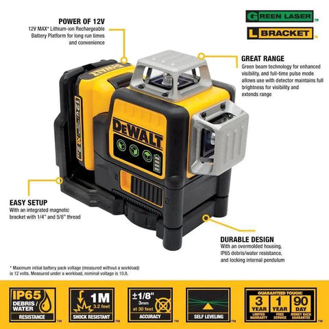 360° self-leveling green laser with 12V cordless power, IP65 protection, magnetic bracket for walls, ceilings, and fixtures layout.