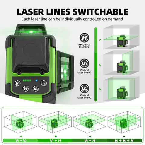 Achieve precise indoor and outdoor alignment with a 360° self-leveling laser level kit, three 360 beams, control panel visible.